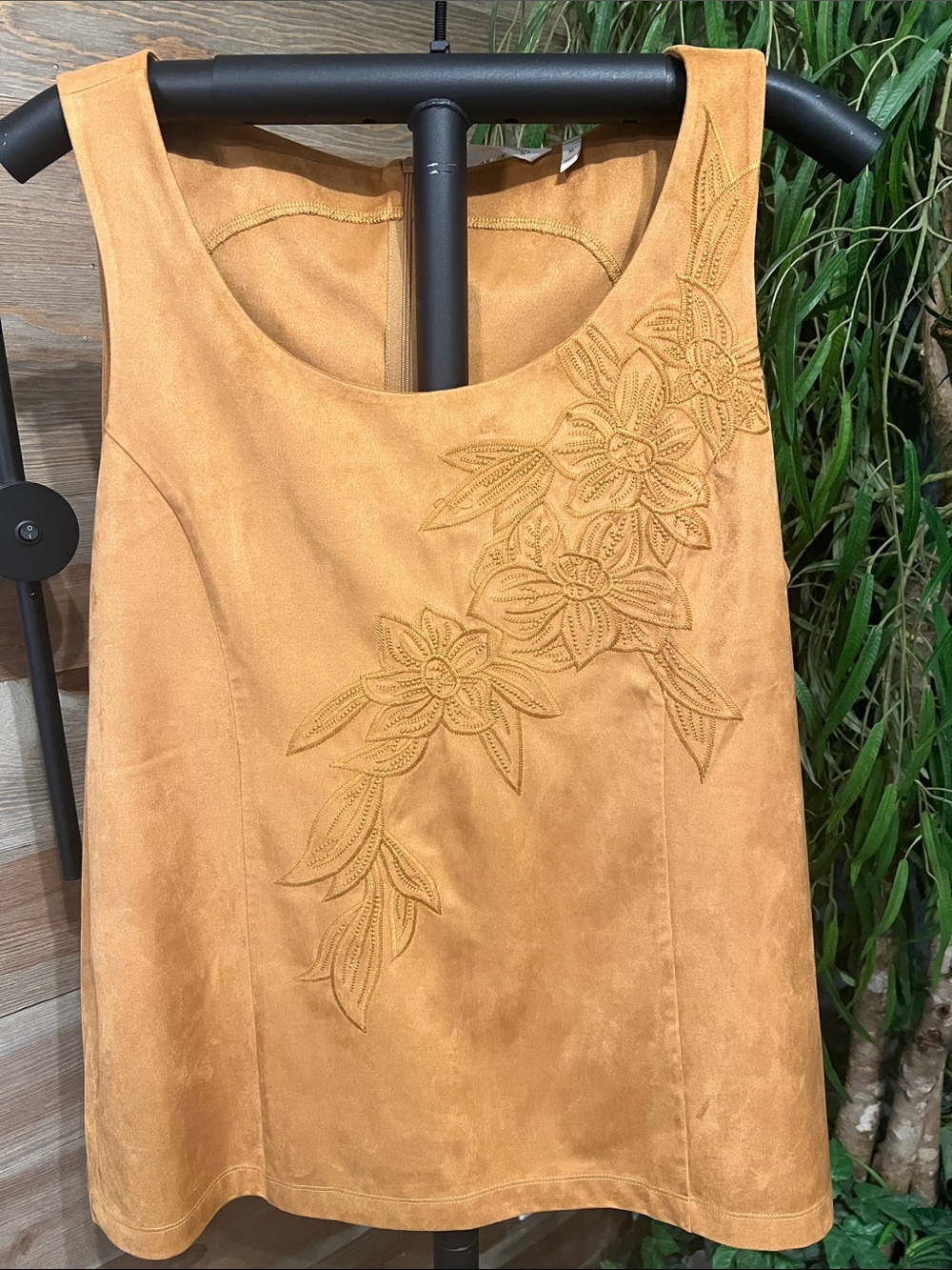Soft Surroundings camel faux suede tank with embroidered floral design  XL